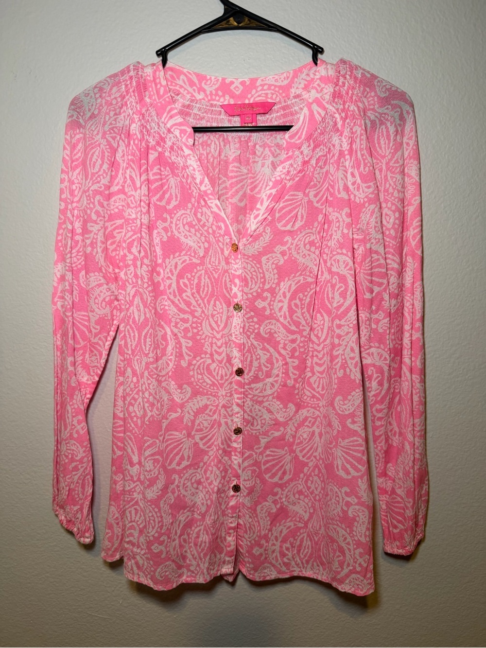 Lilly Pulitzer XS Pink Paisley Floral Summer Coastal Button-Front Blouse